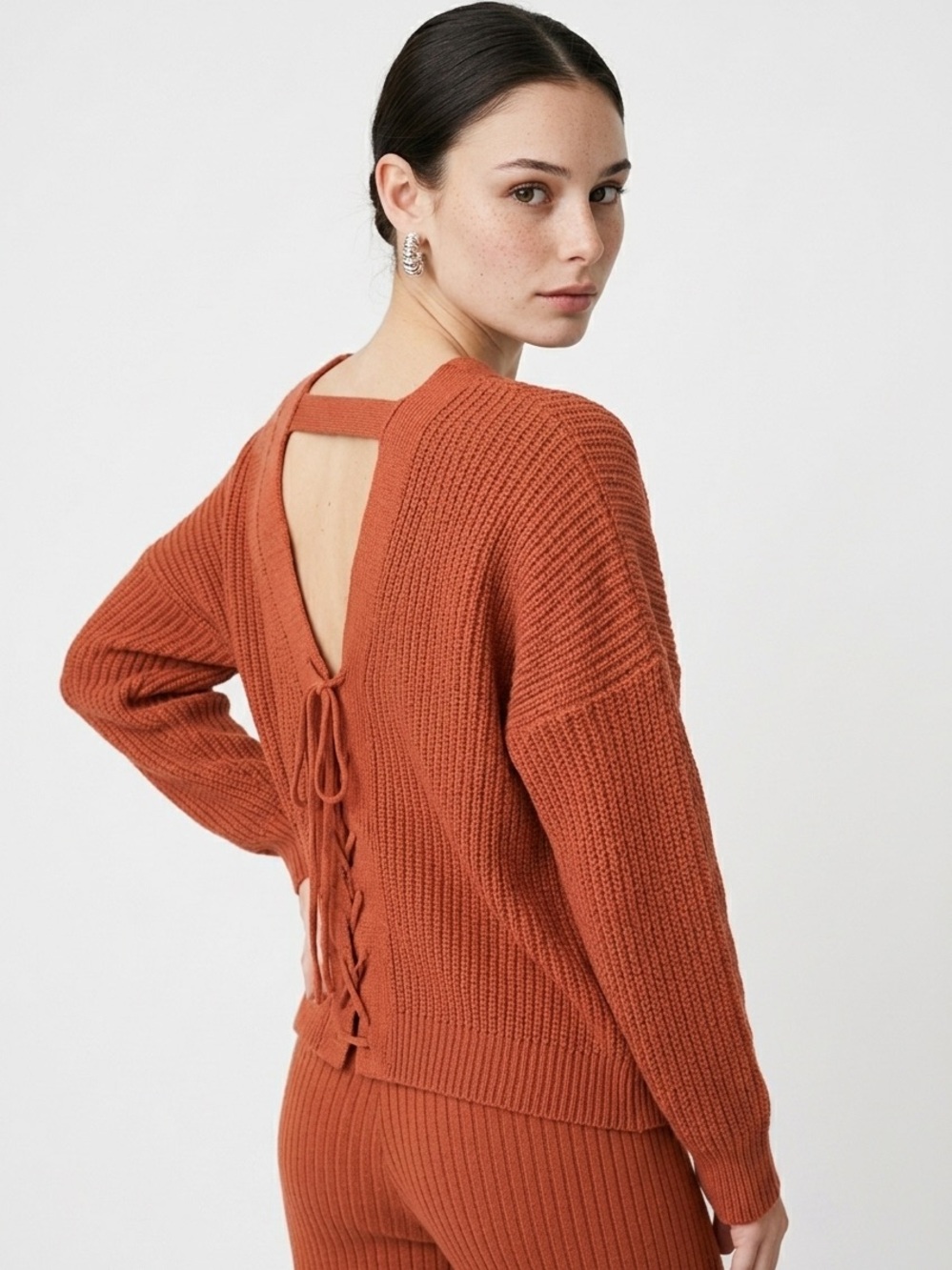 LOVEMARKS | V-Neck Burnt Orange Lace Up Back Knit Sweater Women’s Size Large